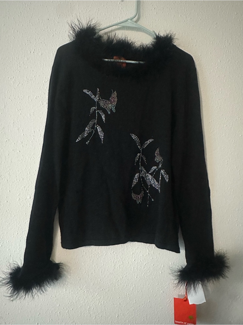 Women's Whimsical Black Feather-Trim Sweater with Beaded Butterfly Detail